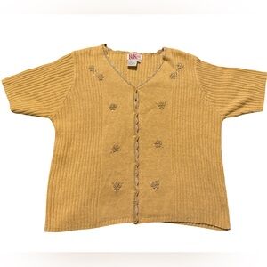 Vintage Yellow Button Up Cardigan with Embroidered Floral Details